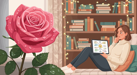 Cozy scene of a woman with a rose while brainstorming and relaxing at home