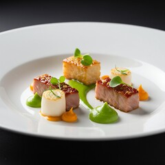 Gourmet Seared Pork Belly and Scallops, Elegant Presentation.