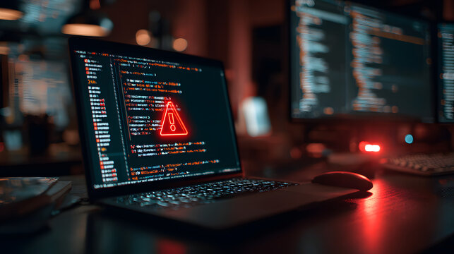 A laptop displays a red warning symbol amidst code, highlighting cybersecurity concerns in a dimly lit workspace.