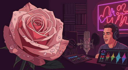 Illustrative podcast recording session with a large dew-kissed rose flower adding a unique touch