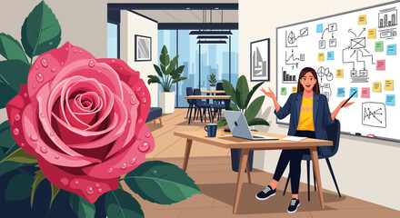 Illustration of a business meeting with a woman presenting in a modern office setting