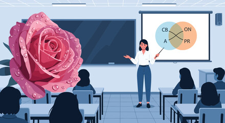 Illustration of a Teacher Explaining Venn Diagram in a Classroom with a Rose
