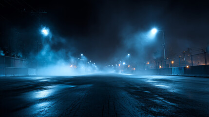 Rays, spotlights light. Empty dark scene with blue light. Asphalt blue dark street with smoke.