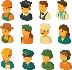 People icons set featuring cartoon characters in business and various occupations including doctors, students, and office workers