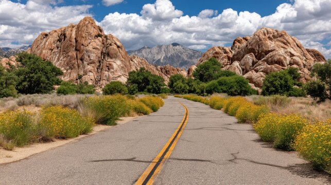 A winding road passes through a desert landscape with large rocky formations and green shrubs under a partly cloudy sky