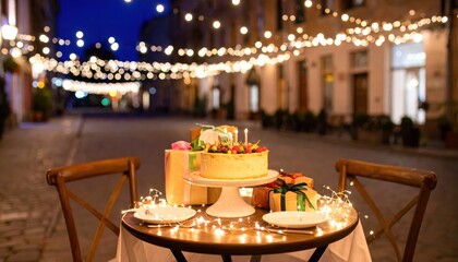 Cozy birthday table on quiet street at night with fairy lights, warm ambient glow, intimate outdoor celebration