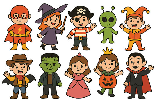 A set of isolated vector cartoon illustrations featuring halloween costume characters - Powered by Adobe