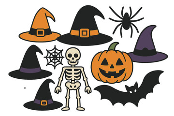 Illustration of halloween party photo booth props and masks set, including pumpkin, hats, monster, skull, and holiday costume elements, along with halloween stickers and icons