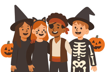 Obraz premium Children dressed in Halloween costumes walk together with jack-o'-lanterns beneath festive lights and decorations, filled with joy