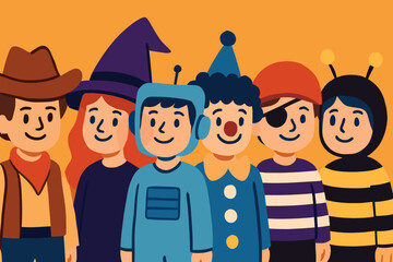Vector illustration of boys and girls in spooky costumes, including cowboy, Egyptian princess, vampire, skeleton, witch, and mummy, carrying pumpkin buckets while celebrating a fun kids Halloween