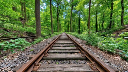 Obraz premium A railway track runs through a lush green forest with tall trees and vibrant foliage