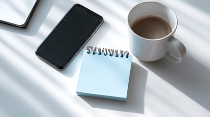 Light blue memo pad beside black smartphone and white coffee mug on minimalist white desk bright daylight clean background overhead angle real photo stock