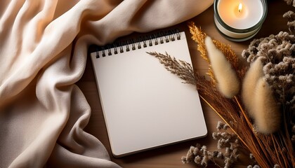 a serene tabletop arrangement featuring a blank notepad dried flowers a candle and soft fabric