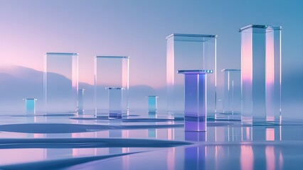Surreal Glass Terrain with Floating Product Pedestals in Abstract Mist