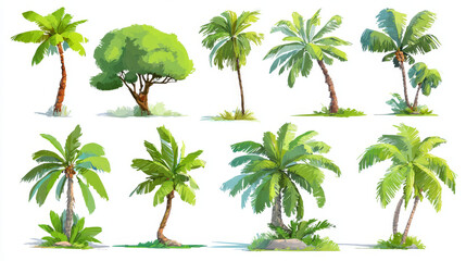Obraz premium Set of different palm trees in cartoon style. Vector illustration of beautiful green palm trees. Isolated on white background. Tropical coconut trees.