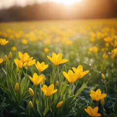A field of yellow wild tulips (Tulipa sylvestris) bathed in warm, golden sunset light.