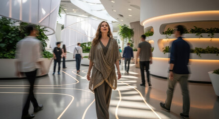 Obraz premium A stylish woman confidently walking through a modern, futuristic building interior, surrounded by other people. The building is characterized by sleek lines, and plants.
