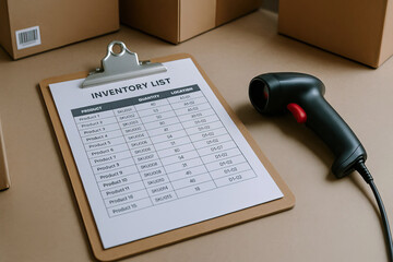 Inventory list on clipboard with barcode scanner and cardboard boxes, organized warehouse stock management, logistics and shipping preparation concept