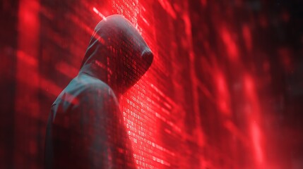 A mysterious figure in a hooded sweatshirt stands against a backdrop of glowing red binary code, evoking themes of technology and secrecy.