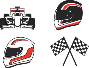 Fototapeta premium Formula One racing icons: car, helmets, checkered flags.