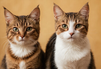 A close-up portrait of two cute tabby cats sitting together.