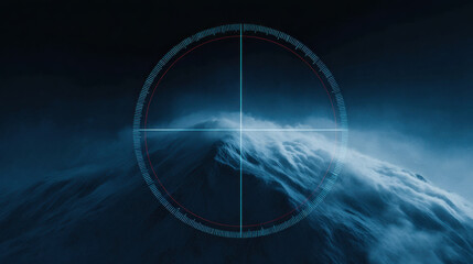 Mountain peak covered with mist under dark sky with radar overlay symbol showing weather conditions in mysterious atmosphere