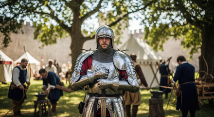 A medieval knight standing in a camp setting, gazing with a serious expression and wearing full armor 