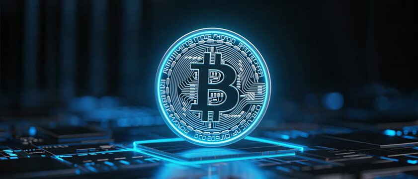 Glowing Spin, Cryptocurrency Coin, Digital Circuit, Stock Image, Futuristic Tech Lab, Macro Close-Up, Innovation and Finance Concept for SEO