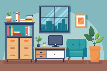 Vector illustration of a home office cabinet and living room setup. Perfect for interior design themes, workspace inspiration, and furniture catalogs.