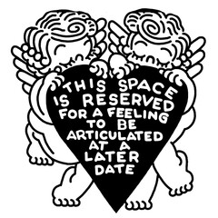 Tattoo style illustration of two angels with text on a heart.

