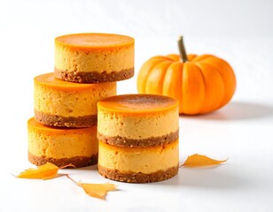 Mini pumpkin cheesecakes stacked elegantly on a clean white surface with soft shadows