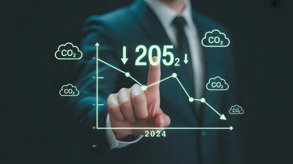 Fototapeta premium Carbon Reduction Projection: A person in a business suit interacting with a graph showing the projected decrease of carbon emissions by 2052, with CO2 clouds in the background.