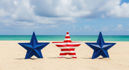 Patriotic american stars and striped lighthouse decoration on a sandy beach under a cloudy sky