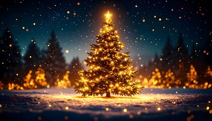 Illuminated Christmas tree in snowy forest