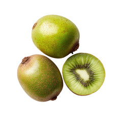 Fototapeta premium Three kiwifruit, one halved, vibrant green and light lime green tones