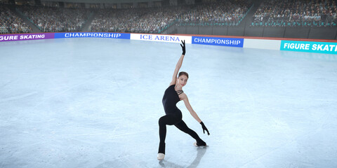 Figure skater girl skating on ice stadium.