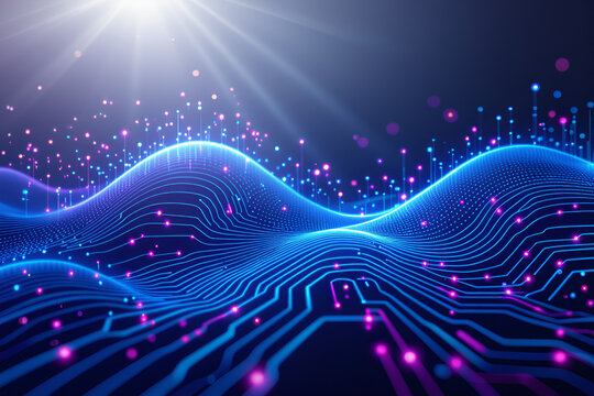 Abstract digital landscape with glowing blue waves and purple particles representing data flow and technology - Powered by Adobe
