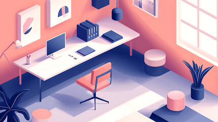 2D Isometric Illustration of a Small Office with Modern Design