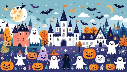 Cute Halloween castle town with friendly ghosts and pumpkins