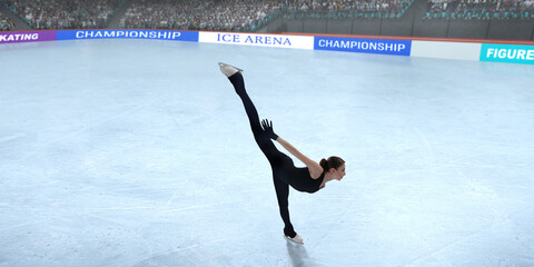Figure skater girl skating on ice stadium.