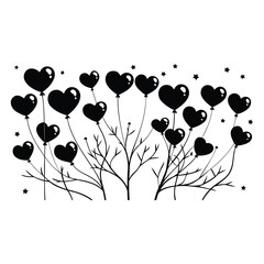 Black heart balloons floating with bare branches and stars