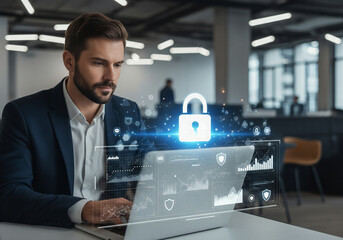 Businessman Using a Laptop with a Digital Security Padlock and Data Interface