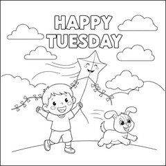 A playful boy is flying a kite shaped like a smiling star. A friendly puppy jumps beside him. In the sky, fluffy clouds float above, and HAPPY TUESDAY.