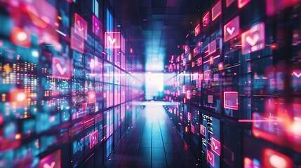 Fototapeta premium Abstracted digital cave with glowing to do symbols and collaboration pulses across walls, 2025 trend