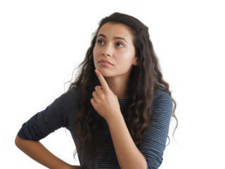 Young woman with finger on chin looking up thoughtfully