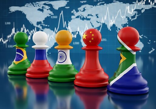 Five chess pawns featuring national flags stand in a line before a world map and financial graph