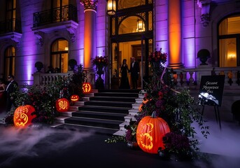 Enchanting Halloween masquerade ambiance featuring illuminated pumpkins, elegant decor, and guests in formal attire, ideal for event promotions and festive themes.