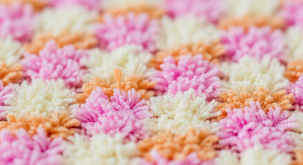Close up of fluffy textured fabric in pink orange and cream