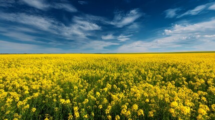 Obraz premium Vibrant yellow rapeseed field under a blue spring sky