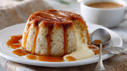 Cream caramel pudding with caramel sauce in plate on white rustic table